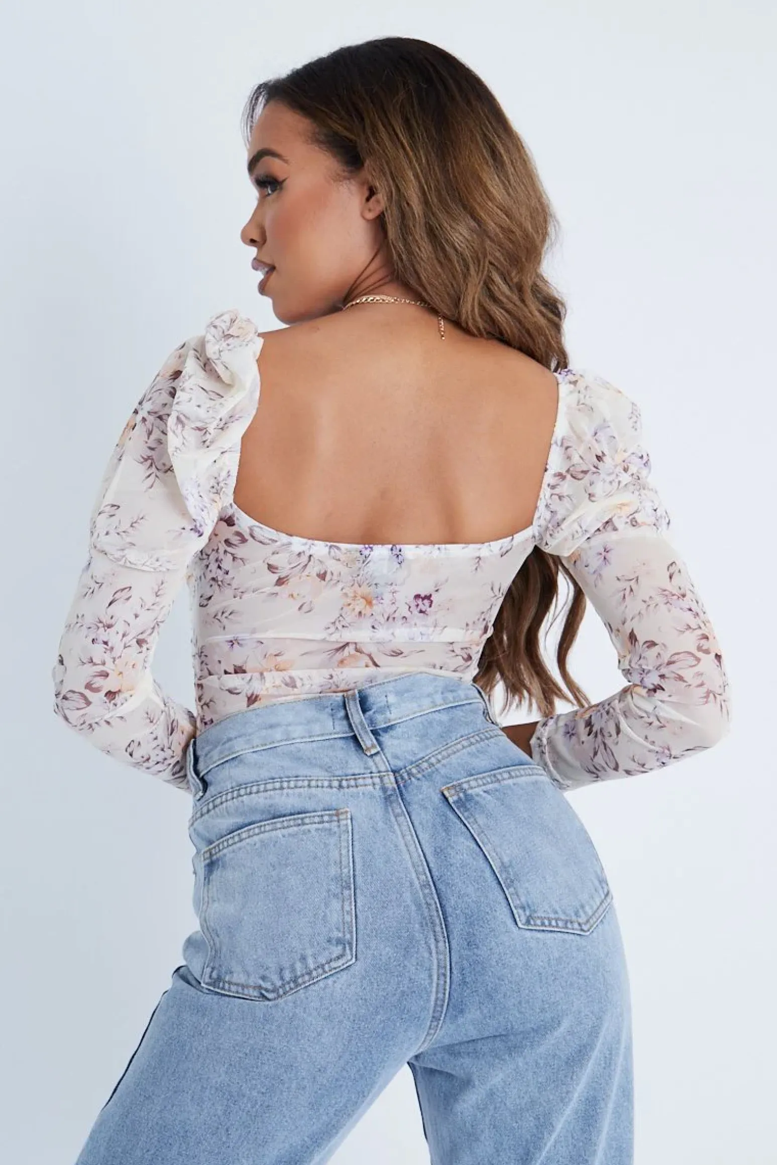 Rebellious Fashion Cream Floral Puff Sleeve Bodysuit - Deana