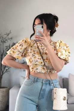 Rebellious Fashion Cream Floral Puff Sleeve Cut Out Crop Top - Perla
