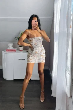 Rebellious Fashion Cream Floral Ruched Mini Dress - Ilani
