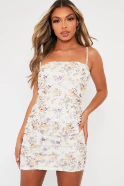 Rebellious Fashion Cream Floral Ruched Mini Dress - Ilani