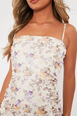 Rebellious Fashion Cream Floral Ruched Mini Dress - Ilani
