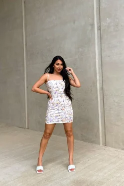 Rebellious Fashion Cream Floral Ruched Mini Dress - Ilani
