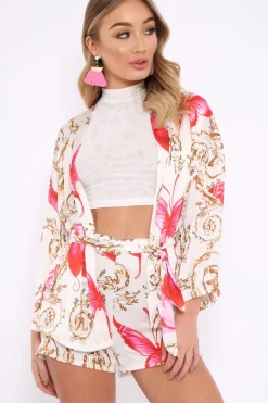 Rebellious Fashion Cream Floral Scarf Print Short And Jacket Co-Ord - Eadie