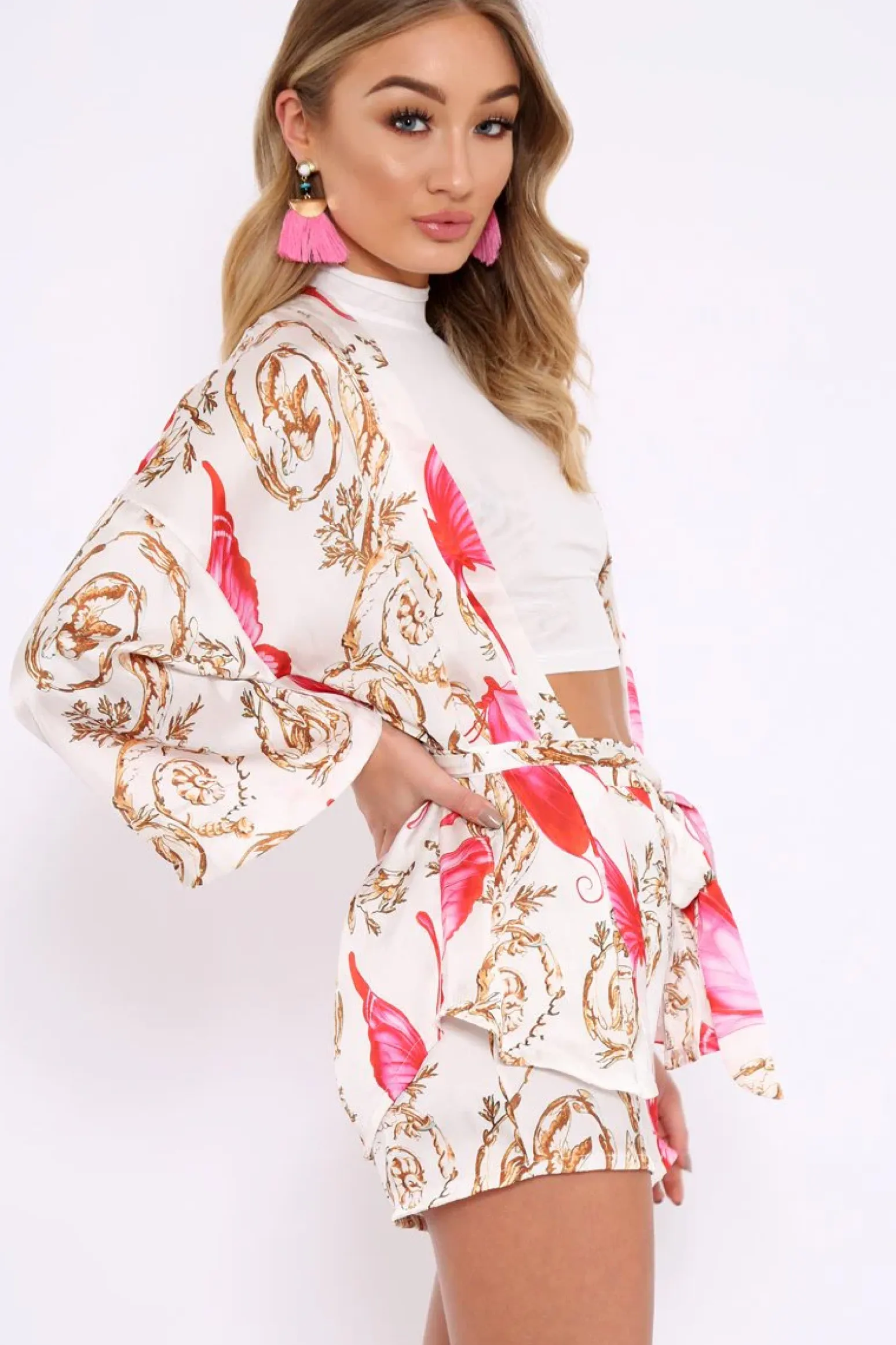 Rebellious Fashion Cream Floral Scarf Print Short And Jacket Co-Ord - Eadie