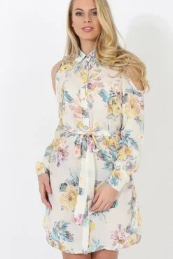 Rebellious Fashion Cream Floral Shirt Dress - Nicola