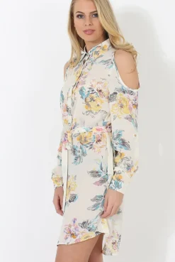 Rebellious Fashion Cream Floral Shirt Dress - Nicola
