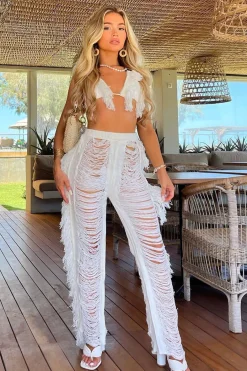 Rebellious Fashion Cream Frayed Knit Bralette & Trouser Set - Scarlett