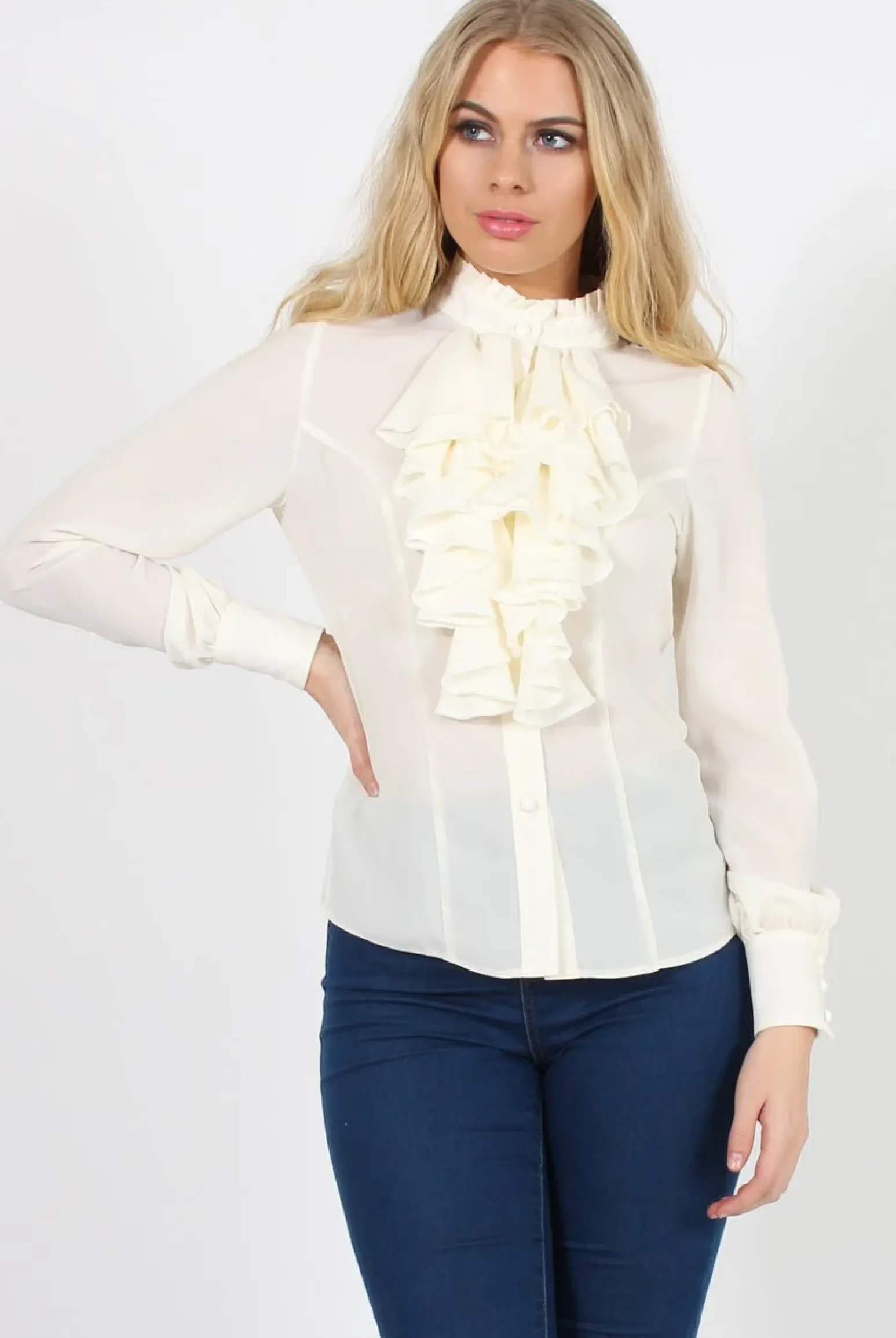 Rebellious Fashion Cream Frill Front Blouse - Camille