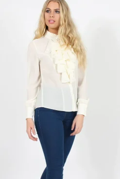 Rebellious Fashion Cream Frill Front Blouse - Camille
