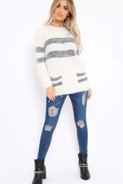 Rebellious Fashion Cream Fur Knit Wide Stripe Jumper Dress - Keeley