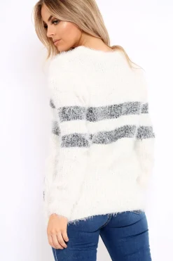 Rebellious Fashion Cream Fur Knit Wide Stripe Jumper Dress - Keeley