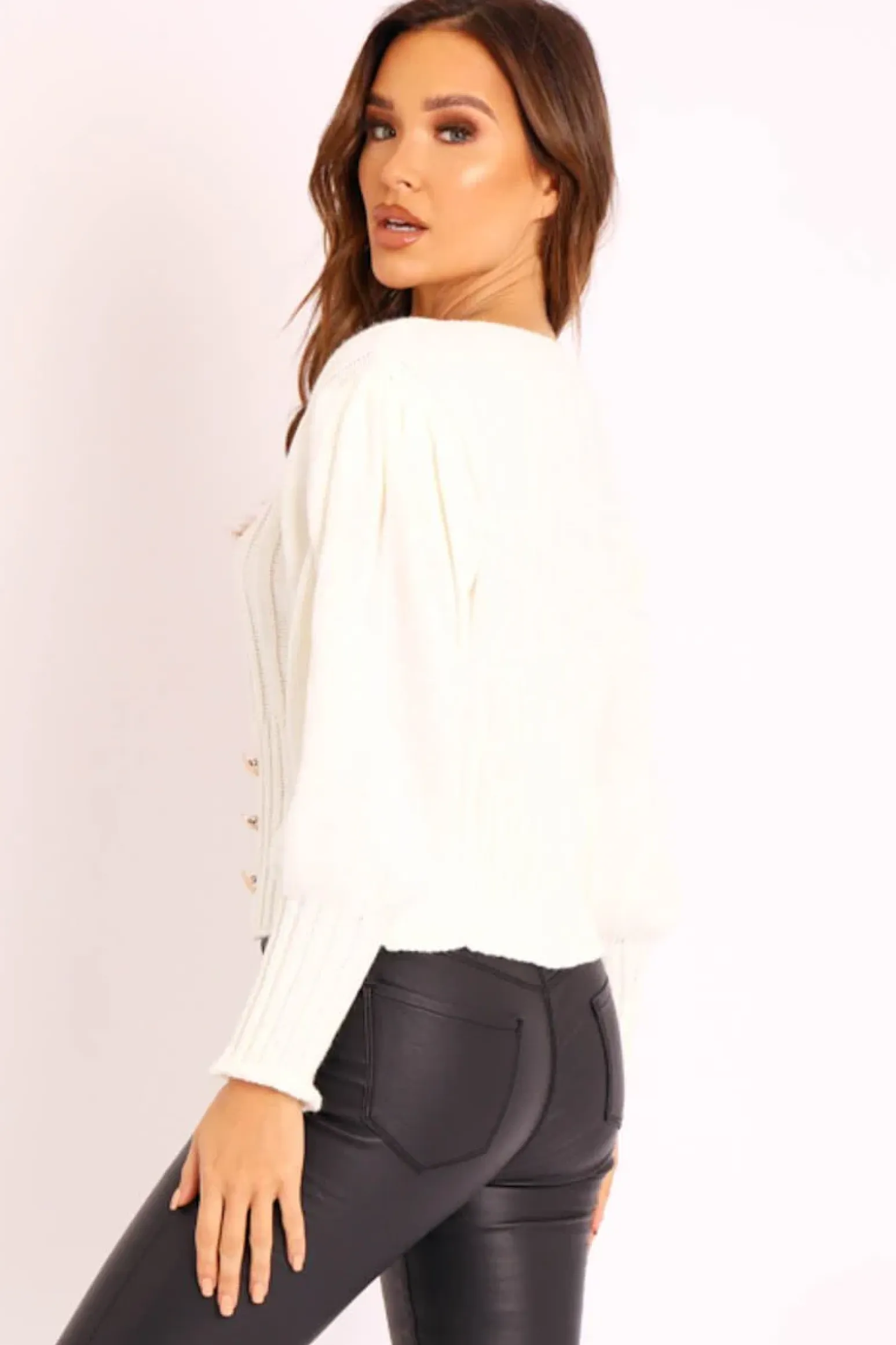 Rebellious Fashion Cream Gold Button Front Knit Jumper - Eleonor