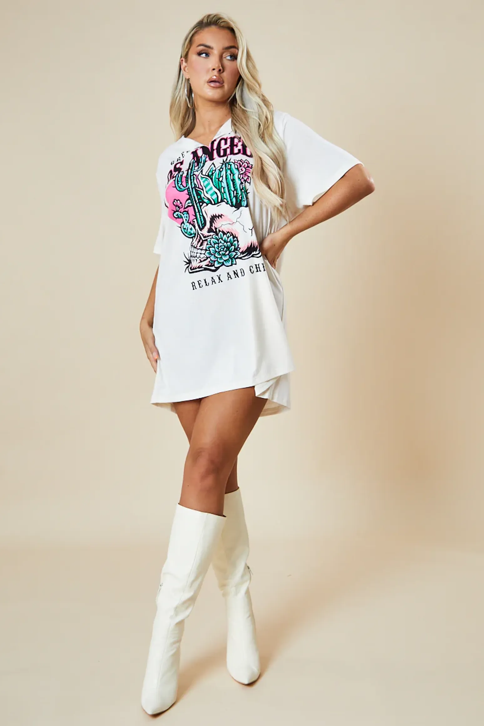 Rebellious Fashion Cream Graphic Print T-shirt Dress - Milena