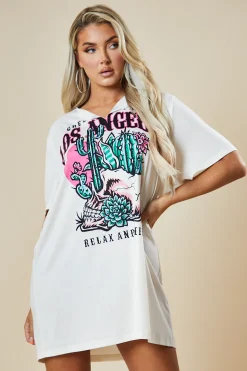 Rebellious Fashion Cream Graphic Print T-shirt Dress - Milena
