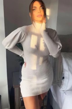 Rebellious Fashion Cream High Neck Balloon Sleeve Knitted Dress - Ginna