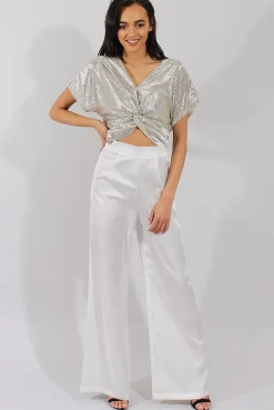 Rebellious Fashion Cream High Waisted Satin Trousers - Alexia