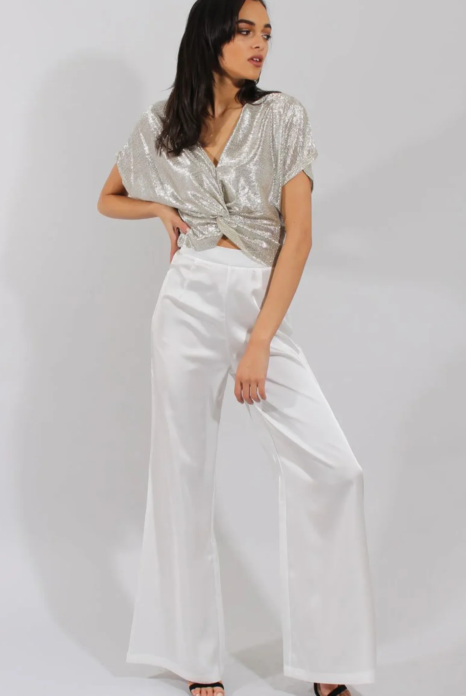 Rebellious Fashion Cream High Waisted Satin Trousers - Alexia