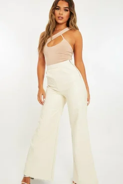 Rebellious Fashion Cream High Waist Wide Leg Faux Leather Trousers - Hanika