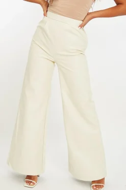 Rebellious Fashion Cream High Waist Wide Leg Faux Leather Trousers - Hanika