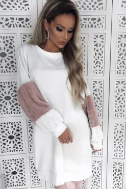 Rebellious Fashion Cream Jumper Dress with Fur Sleeves - Paris