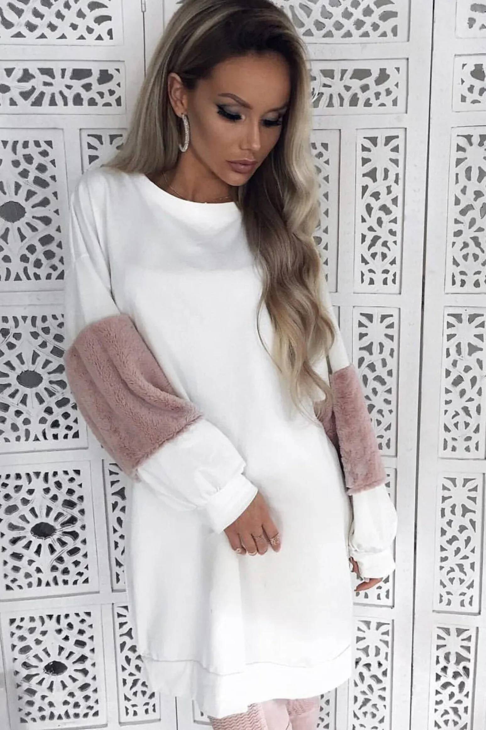 Rebellious Fashion Cream Jumper Dress with Fur Sleeves - Paris