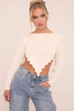 Rebellious Fashion Cream Knit Asymmetric Hem Cropped Jumper - Prima