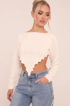 Rebellious Fashion Cream Knit Asymmetric Hem Cropped Jumper - Prima