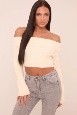 Rebellious Fashion Cream Knit Bardot Long sleeves Cropped Jumper Top - Roberta