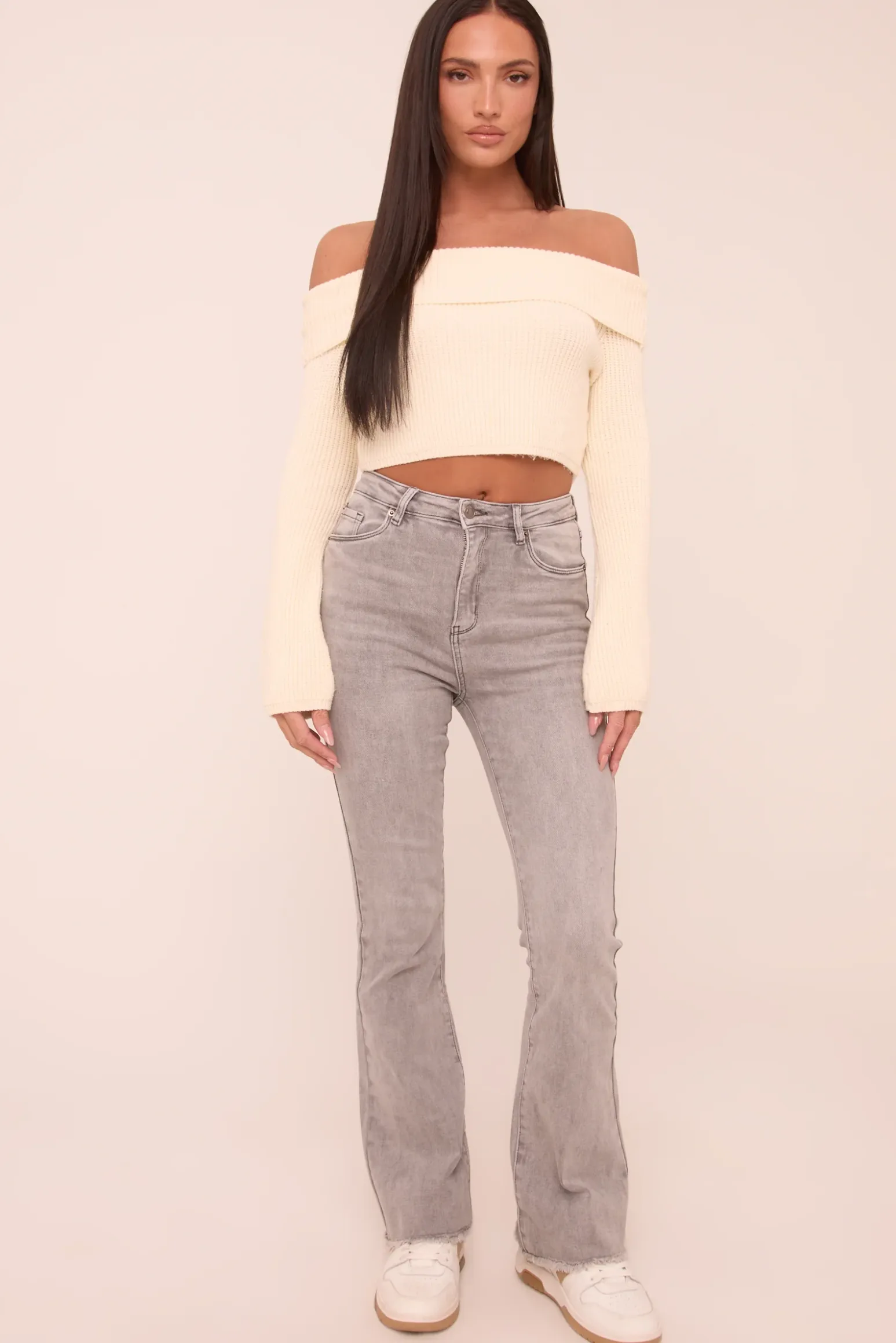 Rebellious Fashion Cream Knit Bardot Long sleeves Cropped Jumper Top - Roberta