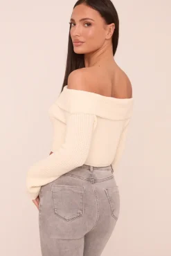 Rebellious Fashion Cream Knit Bardot Long sleeves Cropped Jumper Top - Roberta