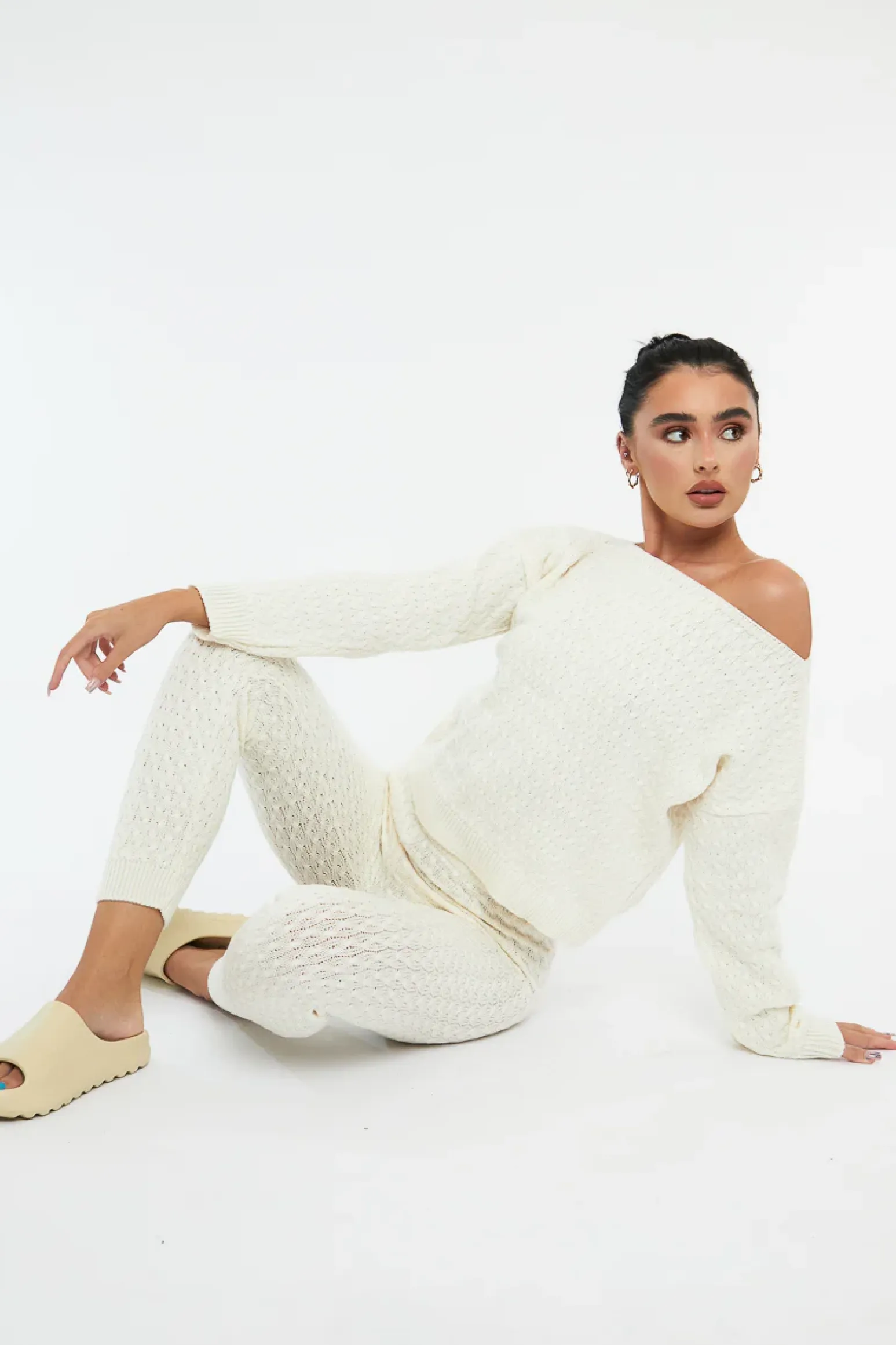 Rebellious Fashion Cream Knit Cropped Jumper & Jogger Set - Kezzie