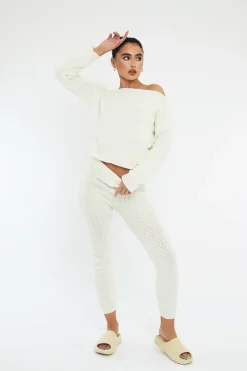 Rebellious Fashion Cream Knit Cropped Jumper & Jogger Set - Kezzie