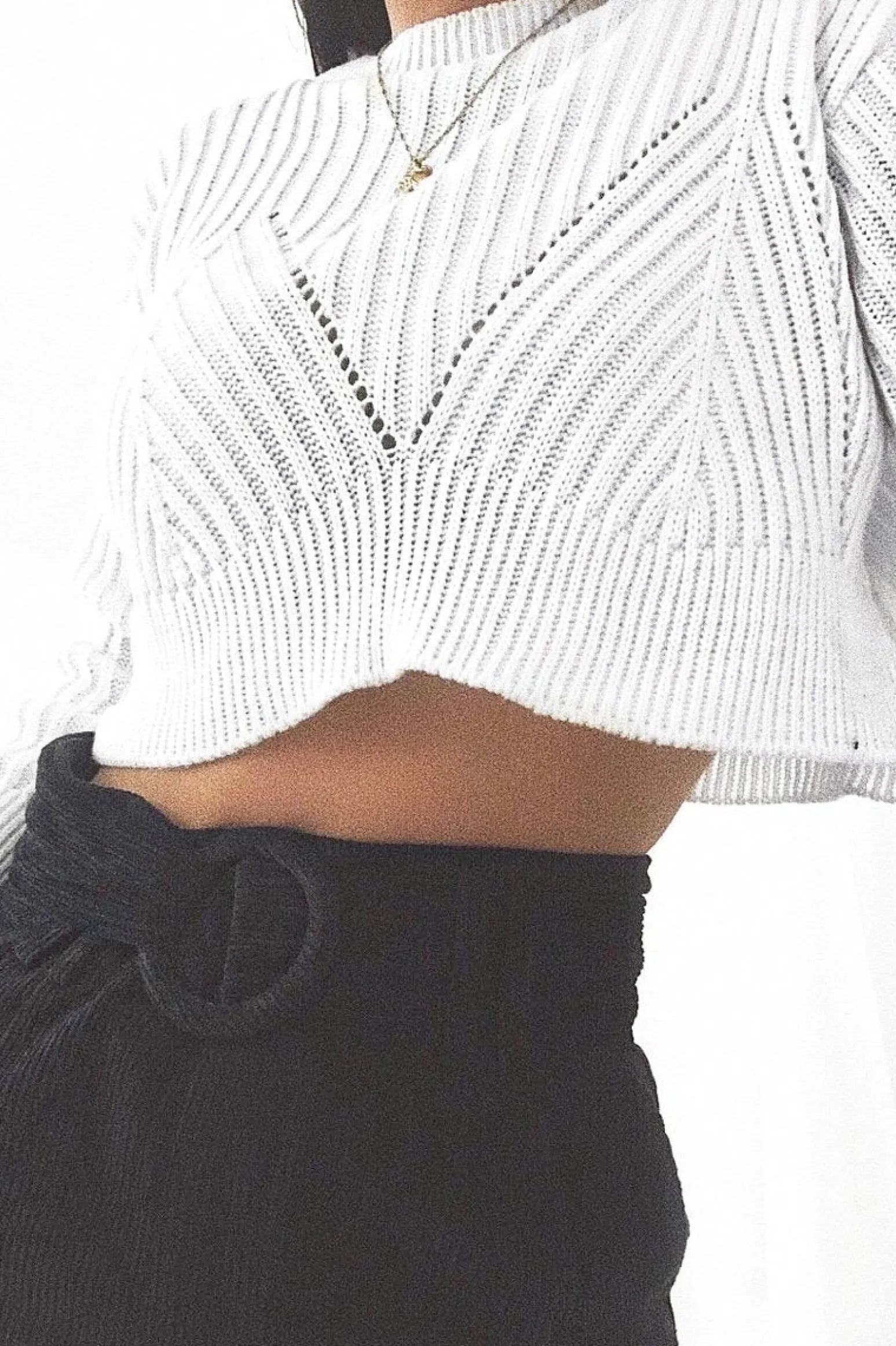 Rebellious Fashion Cream Knit Detail Crop Jumper - Kiana