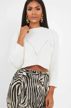 Rebellious Fashion Cream Knit Detail Crop Jumper - Kiana