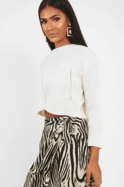 Rebellious Fashion Cream Knit Detail Crop Jumper - Kiana