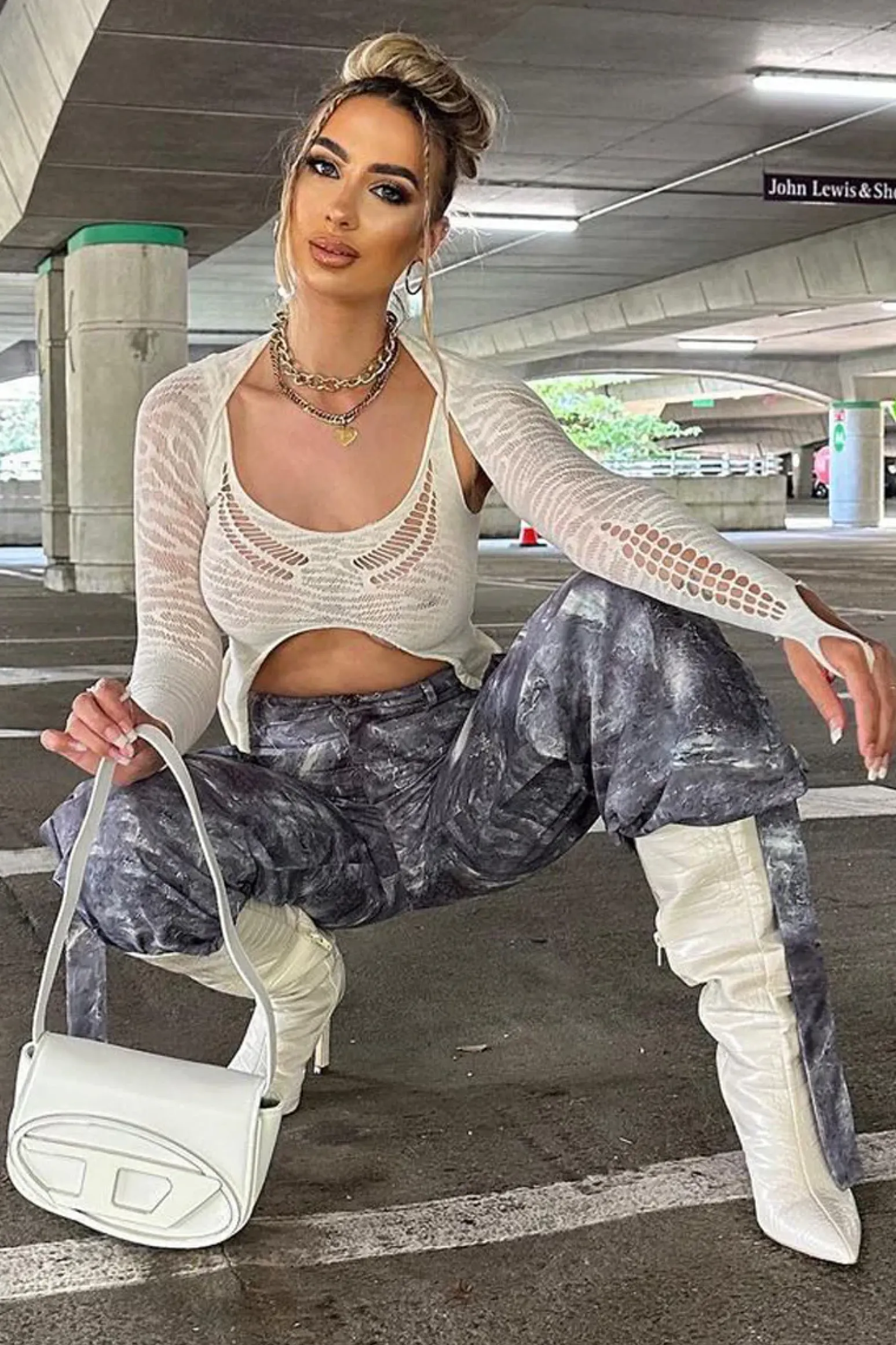 Rebellious Fashion Cream Knit Front Cut Out Long Sleeve Crop Top - Bunko