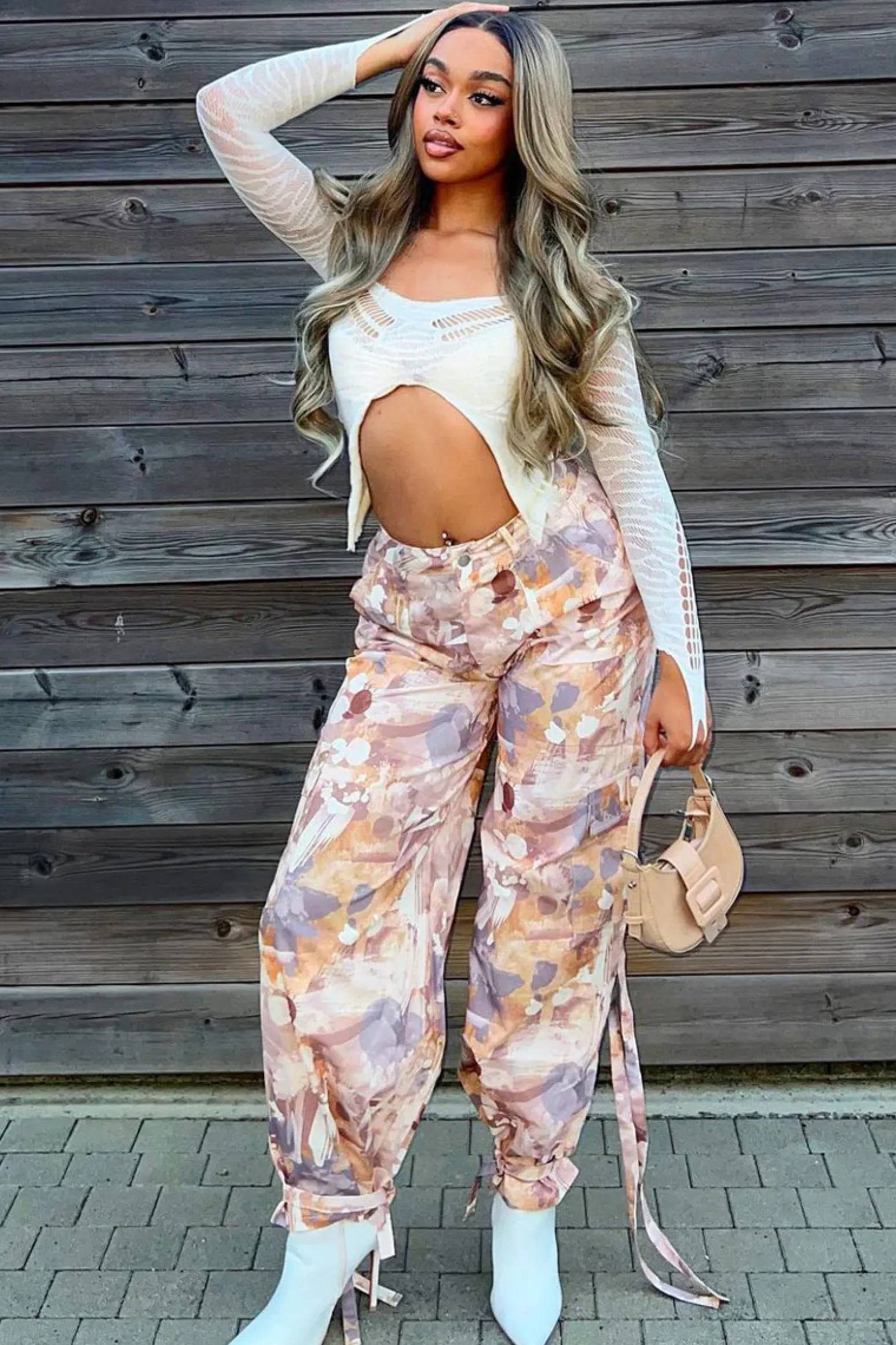 Rebellious Fashion Cream Knit Front Cut Out Long Sleeve Crop Top - Bunko