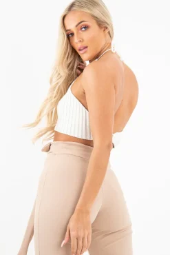 Rebellious Fashion Cream Knit Halterneck Button Crop Top - Penina
