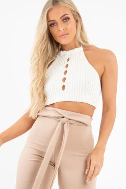 Rebellious Fashion Cream Knit Halterneck Button Crop Top - Penina