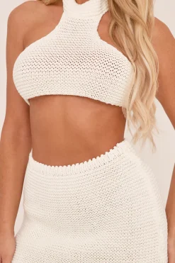 Rebellious Fashion Cream Knit Halter Neck Crop Top & Mini Skirt Co-ord Set - Alma