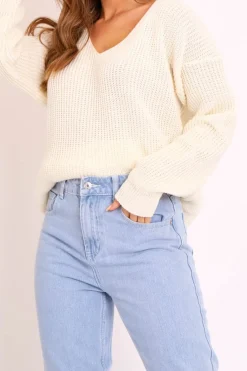 Rebellious Fashion Cream Knit Plunge Neckline Jumper - Roselie