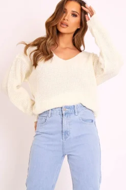 Rebellious Fashion Cream Knit Plunge Neckline Jumper - Roselie