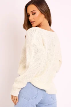 Rebellious Fashion Cream Knit Plunge Neckline Jumper - Roselie