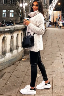 Rebellious Fashion Cream Knitted Borg Oversized Roll Neck Jumper - Ebbie