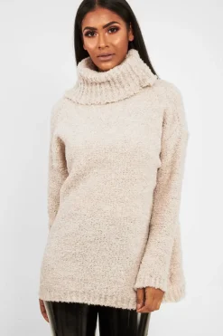 Rebellious Fashion Cream Knitted Borg Oversized Roll Neck Jumper - Ebbie