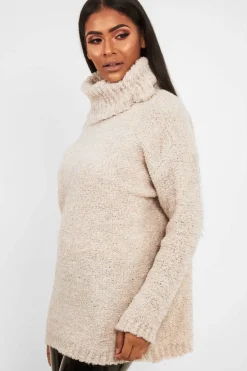Rebellious Fashion Cream Knitted Borg Oversized Roll Neck Jumper - Ebbie