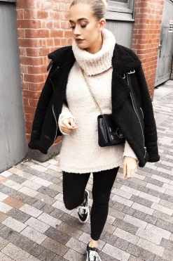 Rebellious Fashion Cream Knitted Borg Oversized Roll Neck Jumper - Ebbie