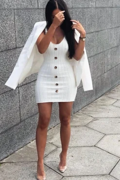 Rebellious Fashion Cream Knitted Button Front Bodycon Dress - Cesia