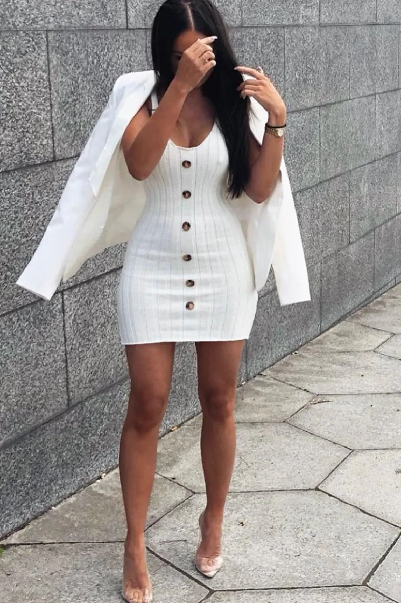 Rebellious Fashion Cream Knitted Button Front Bodycon Dress - Cesia