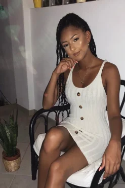 Rebellious Fashion Cream Knitted Button Front Bodycon Dress - Cesia